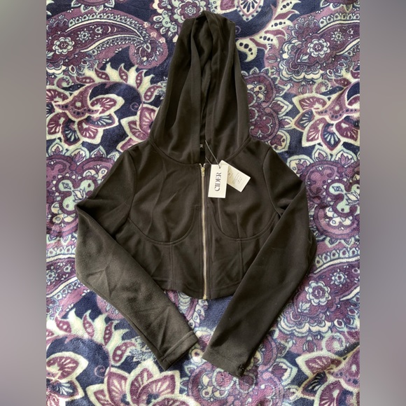 Cider NWT Solid Zip Up Knitted Crop Hoodie - Picture 1 of 4
